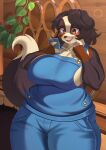  absurd_res angel_welina anthro barrel bernese_mountain_dog big_breasts blush breasts canid canine canis chimney clothed clothing curvy_figure denim denim_clothing detailed_background domestic_dog fangs female hair hi_res inside kemono kimako-desu looking_at_object mammal molosser mountain_dog overalls overweight overweight_female plant slightly_chubby smile solo swiss_mountain_dog tavern thick_thighs tongue voluptuous 