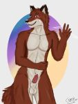 absurd_res animal_genitalia animal_penis anthro balls blush canid canine canine_penis canis copinlighter erection genitals gesture hi_res knot knot_in_sheath looking_at_viewer male mammal penis sheath solo standing waving wolf 