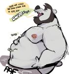  abdominal_bulge after_vore anthro beard belly big_belly burping dialogue facial_hair father hand_on_stomach hi_res male male_pred mammal mature_male nipple_piercing nipples noodle_crispy open_mouth parent piercing rumbling_stomach same_size_vore text ursid vore 