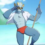  1:1 2022 abs animal_crossing antelope anthro big_muscles bovid bruce_(animal_crossing) clothed clothing cloud day eyewear fur hi_res horn jrjresq looking_at_viewer male mammal mountain muscular muscular_anthro muscular_male narrowed_eyes nintendo open_clothing open_shirt open_topwear outside pecs shirt sky smile solo speedo sunglasses swimwear topwear tuft video_games water 