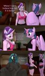  3d_(artwork) absurd_res anthro arthropod bodily_fluids breasts changeling clothed clothing dialogue digital_media_(artwork) english_text equid equine friendship_is_magic group hasbro hi_res horn mammal my_little_pony nipples nude papadragon69 queen_chrysalis_(mlp) starlight_glimmer_(mlp) sweat text tongue tongue_out trio twilight_sparkle_(mlp) unicorn winged_unicorn wings 