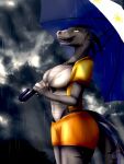  3:4 anthro big_breasts blouse bludraconoid bottomwear breasts cleavage clothed clothing dinosaur dromaeosaurid female half-closed_eyes hi_res hybrid indoraptor jacket jurassic_park jurassic_world narrowed_eyes outside raining reptile scalie shorts smile solo storm sunshine_(jurassic_world) theropod topwear umbrella universal_studios velociraptor 