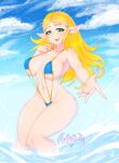  absurd_res areola big_breasts bikini blonde_hair blue_bikini blue_clothing blue_swimwear breasts breath_of_the_wild clothing female hair hi_res humanoid hylian kitsuumi nintendo not_furry princess_zelda sling_bikini solo swimwear the_legend_of_zelda video_games 