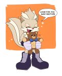  2022 anthro boots clothing dialogue eyes_closed fangs fluffy fluffy_tail footwear fur head_tuft hi_res hrm_ly07 idw_publishing male mammal mephitid orange_background plushie red_nose sega simple_background skunk smile solo sonic_the_hedgehog_(comics) sonic_the_hedgehog_(idw) sonic_the_hedgehog_(series) tan_body tan_fur teddy_bear text tuft tumble_the_skunk white_background young 