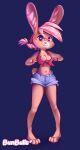  absurd_res anthro bandanna bottomwear breasts bun_butts clothing country fan_character female furry hair hi_res kerchief lagomorph leporid looking_at_viewer mammal ponytail rabbit shorts solo standing 