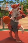  5_toes anthro ball basketball basketball_(ball) biped black_nose canid canine clothed clothing detailed_background feet fingers fox fur hair hi_res horn inner_ear_fluff male mammal muscular muscular_anthro muscular_male open_mouth orange_body orange_eyes orange_fur orange_hair outside plant sharp_teeth solo sport standing tail_tuft teeth toes tongue tuft white_body white_fur yellow_horn zi_ran 