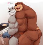  &lt;3 anthro appliance brown_body brown_fur butt canid canine canis duo egg embrace food fur grey_body grey_fur hi_res hug hugging_from_behind kitchen_appliance male male/male mammal muscular muscular_anthro muscular_male nude ursid vitashi wolf 