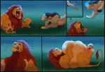  abdominal_bulge absurd_res accidental_vore after_vore belly big_belly black_border border comic disney duo felid feral hand_on_stomach hi_res lion lying male male/male mammal mufasa mysteriousharu on_back open_mouth oral_vore pantherine same_size_vore sharp_teeth teeth the_lion_king tongue tongue_out unwilling_pred vore 
