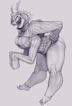  2022 2_toes antennae_(anatomy) anthro arthropod barefoot big_breasts breasts cleavage_cutout clothing derek_hetrick exoskeleton eyes_closed feet female gibbi_(derek_hetrick) grey_background hair hi_res insect mandibles monochrome multi_arm multi_limb non-mammal_breasts open_mouth open_smile oversized_shirt panties sharp_teeth short_hair simple_background smile solo standing sweater teeth thick_thighs toes topwear turtleneck underwear wide_hips 