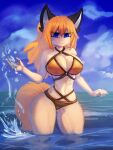  3:4 animal_humanoid big_breasts blonde_hair blue_eyes breasts canid canid_humanoid clothing cloud day female general-irrelevant hair hi_res humanoid looking_at_viewer mammal mammal_humanoid navel nekonny_(fursona) outside smiel smile solo swimwear water wide_hips 