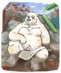  2022 5:6 anthro bathing belly big_belly blush detailed_background hi_res hokolee32 humanoid_hands kemono male mammal moobs navel nipples outside overweight overweight_male plant sitting solo towel tree ursid water white_body 