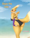  absurd_res anthro bandai_namco beach big_butt bikini blush bodily_fluids breasts butt butt_squish clothed clothing cloud digimon digimon_(species) female fluffy fluffy_tail hi_res holaxes partially_clothed rear_view renamon seaside solo squish sweat swimwear text 