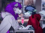  2022 angiewolf anthro blurred_background cafe cherry clothing dairy_products drinking duo eyes_closed food fruit fur hoodie inside male mammal milkshake multicolored_body multicolored_fur plant red_clothing red_hoodie red_topwear smile straw topwear whipped_cream 