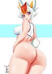  2021 alternate_species blush bottomless breasts butt cinderace clothed clothing female hair hi_res humanoid humanoidized looking_back multicolored_hair nintendo nipple_outline open_mouth pok&eacute;mon pok&eacute;mon_(species) pok&eacute;mon_humanoid pok&eacute;morph red_eyes scut_tail short_hair short_tail solo thick_thighs tiger1001 topwear two_tone_hair video_games white_clothing white_topwear 