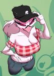 anthro artblush avian beak big_breasts blush breasts butt claws clothed clothing demon feathers female hat headgear headwear helluva_boss looking_at_viewer mature_female red_eyes simple_background smile solo stella_(helluva_boss) thick_thighs white_body white_feathers wide_hips 