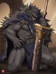  2022 3:4 5_fingers anthro black_body black_fur black_nose blaidd_(elden_ring) canid canine canis cape claws clothing detailed_background digital_media_(artwork) elden_ring english_text fangs fingers fromsoftware fur hi_res kneeling male mammal melee_weapon muscular muscular_anthro muscular_male navel nipples open_mouth patto purple_eyes scar solo sword teeth text tongue url video_games weapon wolf 