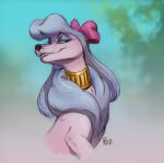  accessory blue_hair bust_portrait canid canine canis collar disney domestic_dog eyelashes eyeshadow female feral georgette_(disney) hair hair_accessory hair_ribbon hi_res makeup mammal monstra_ren narrowed_eyes oliver_and_company poodle portrait ribbons smile solo teeth 