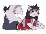  2022 4_toes 5_fingers anthro black_pawpads blue_eyes breasts canid canine canis clothed clothing digital_media_(artwork) ear_piercing eyebrows eyelashes feet female fingers fur hair industrial_piercing koul mammal pawpads piercing purple_hair smile solo toes white_body white_fur wolf 