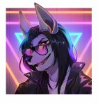  2022 anthro black_hair canid canine clothed clothing digital_media_(artwork) eyebrows eyelashes eyewear fumiko glasses green_eyes grin hair jacket leather leather_clothing leather_jacket leather_topwear looking_at_viewer male mammal open_mouth sly smile sunglasses synthwave teeth tongue topwear 