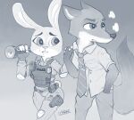  anthro blue_and_white bullet bulletproof_vest canid canine clothing coffeetoffee disney duo female flashlight fox hand_holding hand_in_pocket hi_res holding_flashlight judy_hopps lagomorph leporid looking_back male mammal monochrome necktie nick_wilde pockets police police_badge police_uniform pouting rabbit tactical_gear uniform zootopia 