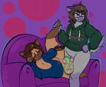  anthro big_breasts blue_eyes bored bored_expression bottomless breasts brown_body brown_fur brown_hair cleavage clothed clothing domestic_cat duo egg eyewear felid feline felis female fur furniture glasses grey_body grey_fur hair hi_res hoodie hoodie_only huge_breasts male male/female mammal oviposition ovipositor_penis purple_body purple_fur sex siamese simple_background sofa sovietcatparty topwear topwear_only valery_funika 