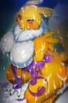  68_(artist) anthro bandai_namco big_breasts blue_eyes blush bodily_fluids breasts canid canine cum digimon digimon_(species) featureless_breasts female fur genital_fluids hi_res kemono looking_at_viewer mammal nude renamon solo video_games white_body white_fur yellow_body yellow_fur 