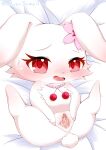  2021 anthro bed blush bodily_fluids clovergame0 cum cum_in_pussy cum_inside female flower_accessory fur furniture genital_fluids genitals hi_res jewelpet jewelry lagomorph legs_up leporid looking_at_viewer mammal necklace on_bed pussy rabbit red_eyes ruby_(jewelpet) sanrio sega_toys solo spread_legs spread_pussy spreading white_body white_fur young 