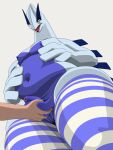  3:4 absurd_res anthro ball_grab balls clothing fondling foreskin genitals hi_res humanoid_genitalia humanoid_penis legendary_pok&eacute;mon legwear lugia male nintendo nipples overweight overweight_male penis pok&eacute;mon pok&eacute;mon_(species) simple_background solo splashyu video_games white_background 