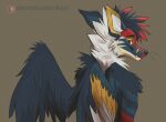  2022 anthro black_body black_feathers black_fur canid canine digital_media_(artwork) feathered_wings feathers fox fur koul male mammal nude red_eyes simple_background smile solo wings 
