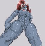  abs animal_humanoid anthro areola female fish fish_humanoid genitals glistening hair hand_on_hip hi_res humanoid looking_at_viewer low-angle_view marine marine_humanoid muscular muscular_female nipples nude partb_(artist) ponytail pussy red_hair smile smirk solo undertale undertale_(series) undyne video_games wide_hips yellow_eyes 