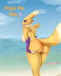  absurd_res anthro bandai_namco beach big_butt blush body_blush breasts butt butt_blush cloud digimon digimon_(species) ears_back female fluffy fluffy_tail hi_res holaxes pivoted_ears presenting rear_view renamon sea seaside solo text water 