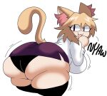  animal_humanoid big_breasts big_butt blonde_hair bottomwear breasts butt cat_humanoid clothing english_text felid felid_humanoid feline feline_humanoid female hair hi_res huge_butt humanoid lewd_dorky looking_back mammal mammal_humanoid neco-arc open_mouth panties shirt skirt solo text thick_thighs topwear underwear white_body white_skin wide_hips 
