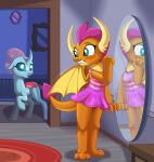  absurd_res anthro arthropod blue_eyes blush changeling clothing doorway dragon dress fangs female feral friendship_is_magic hasbro hi_res horn membrane_(anatomy) membranous_wings mirror my_little_pony ocellus_(mlp) reflection reformed_changeling rug sirzi smolder_(mlp) standing swimwear wings 