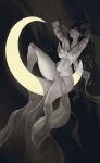  2022 black_hair bonifasko breasts canid canine crecent eyes_closed female fur glowing hair hi_res light mammal monochrome moon moonlight navel nude paws pubes raised_arm solo star striped_body striped_fur stripes wide_hips 