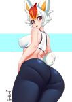  2021 alternate_species blush bottomwear breasts butt cinderace clothed clothing female hair hi_res humanoid humanoidized looking_back multicolored_hair nintendo nipple_outline open_mouth pants pok&eacute;mon pok&eacute;mon_(species) pok&eacute;mon_humanoid pok&eacute;morph red_eyes scut_tail short_hair short_tail solo thick_thighs tiger1001 topwear two_tone_hair video_games white_clothing white_topwear 