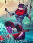  2022 4_toes 5_fingers anthro breasts canid canine clothed clothing day detailed_background digital_media_(artwork) ear_piercing feet female fingers fur hair imanika industrial_piercing mammal outside pawpads piercing purple_hair purple_pawpads red_eyes sky solo toes 