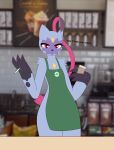  absurd_res anthro apron apron_only clothing coffee_cup container court cup girly hi_res looking_at_viewer male max_draws mostly_nude nintendo pok&eacute;mon pok&eacute;mon_(species) sneasler solo standing starbucks text video_games 