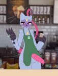  absurd_res anthro apron apron_lift apron_only blush clothed clothing clothing_lift coffee_cup container court cup erection erection_under_clothing girly hi_res looking_at_viewer male max_draws mostly_nude nintendo pok&eacute;mon pok&eacute;mon_(species) smile smiling_at_viewer sneasler solo standing starbucks text video_games 