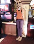  2022 anthro barefoot bottomwear canid clothed clothing detailed_background digital_media_(artwork) enginetrap feet female fully_clothed fur hi_res inside looking_at_viewer mammal meme pants photo_background shirt standing tan_body tan_fur tank_top topwear 