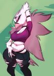  anthro artblush avian beak big_breasts blush breasts butt claws clothed clothing demon feathers female helluva_boss hi_res looking_at_viewer mature_female red_eyes simple_background smile solo stella_(helluva_boss) thick_thighs white_body white_feathers wide_hips 