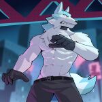  1:1 2022 abs anthro belt big_muscles bottomwear brand_new_animal building canid canine canis city clenched_teeth clothed clothing fur gloves handwear hi_res jrjresq male mammal muscular muscular_anthro muscular_male navel night outside pants pecs sharp_teeth shirou_ogami solo standing studio_trigger teeth topless topless_anthro topless_male tuft wolf 