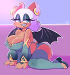  2022 all_fours anthro big_breasts breasts butt chiropteran clothed clothing colored_nails ear_piercing ear_ring feet female grin hi_res high_heels kneeling makeup mammal membrane_(anatomy) membranous_wings nails piercing rouge_the_bat sega smile solo sonic_the_hedgehog_(series) vixycore wings 