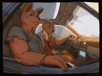  2022 4_fingers animated anthro biped brown_body brown_fur canid canine canis car cellphone chelodoy cigarette digital_media_(artwork) domestic_dog driving duo fingers fur jewelry male mammal necklace phone short_playtime smartphone steering_wheel ursid vehicle yellow_body yellow_fur 