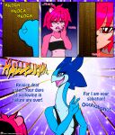  2018 absurd_res anthro blue_eyes blueberry_jam_(viroveteruscy) breasts clothing comic door dress duo english_text female fur hair hi_res knocking mammal midriff multicolored_body multicolored_fur non-mammal_breasts open_mouth pink_hair raspberry_(viroveteruscy) red_eyes reptile scalie sound_effects text topwear two_tone_body two_tone_fur ursid viroveteruscy warning_cream_filled yawn 