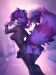  2022 anthro breasts clothed clothing digital_media_(artwork) female fingers fur green_eyes hair hi_res mammal procyonid purple_body purple_fur purple_hair raccoon smile solo tltechelon 