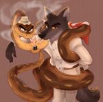  anthro canid canine canis cigarette clothing colored dreamworks duo embrace feral fur hat headgear headwear hi_res hug lighter male mammal mr._snake_(the_bad_guys) mr._wolf_(the_bad_guys) reptile scales scalie shelligator1 smile smirk smoke snake suit the_bad_guys wolf 