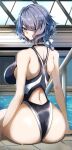  1girl absurdres arknights ass bare_shoulders breasts competition_swimsuit eyepatch from_behind gin_moku hair_over_one_eye highres huge_ass large_breasts looking_at_viewer looking_back medical_eyepatch one-piece_swimsuit pool poolside purple_eyes ribbon short_hair solo swimsuit water_drop wet wet_hair whisperain_(arknights) 