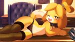  1girl :3 ancesra animal_crossing animal_ears animal_hands animal_nose arm_support bangs bell black_legwear black_panties blonde_hair blurry blurry_background blush body_fur bright_pupils brown_hair chair collar commentary corded_phone desk dog_ears dog_girl dog_tail english_commentary fang flat_chest furry furry_female hair_bell hair_ornament hair_tie half-closed_eye happy heart highres indoors isabelle_(animal_crossing) jingle_bell legs_together looking_at_viewer lying multicolored_hair navel nipples non-web_source on_desk on_side one_eye_closed open_mouth panties parted_bangs phone see-through short_hair skindentation smile snout solo stomach tail thighhighs tongue topknot topless two-tone_fur two-tone_hair underwear underwear_only white_fur white_pupils wide_hips yellow_eyes yellow_fur 