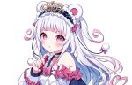  1girl bangs blunt_bangs choker closed_mouth frilled_hairband frills hairband holding holding_pen indie_virtual_youtuber long_hair looking_at_viewer off_shoulder pen pink_eyes pom_pom_(clothes) pout shirokuma_rin simple_background solo tatejima_uri upper_body virtual_youtuber white_background white_hair 