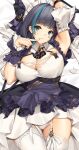  1girl :3 aqua_eyes azur_lane bangs bed_sheet black_hair blue_nails blush breasts cheshire_(azur_lane) commentary english_commentary eyebrows_visible_through_hair finger_to_mouth frilled_hairband frilled_ribbon frills garter_straps hairband heart large_breasts looking_at_viewer lying maid_headdress multicolored_hair nail_polish on_back panties ribbon short_hair smile solo streaked_hair thighhighs tony_guisado underwear white_garter_straps white_legwear white_panties wrist_cuffs 